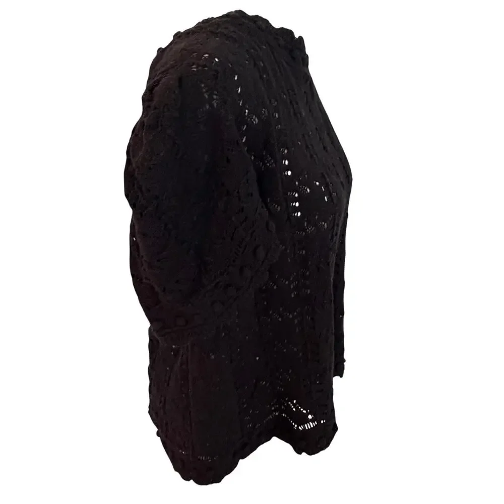 Anthropologie Black Crochet Short Sleeve Scalloped Sweater Women Size XL Petite
